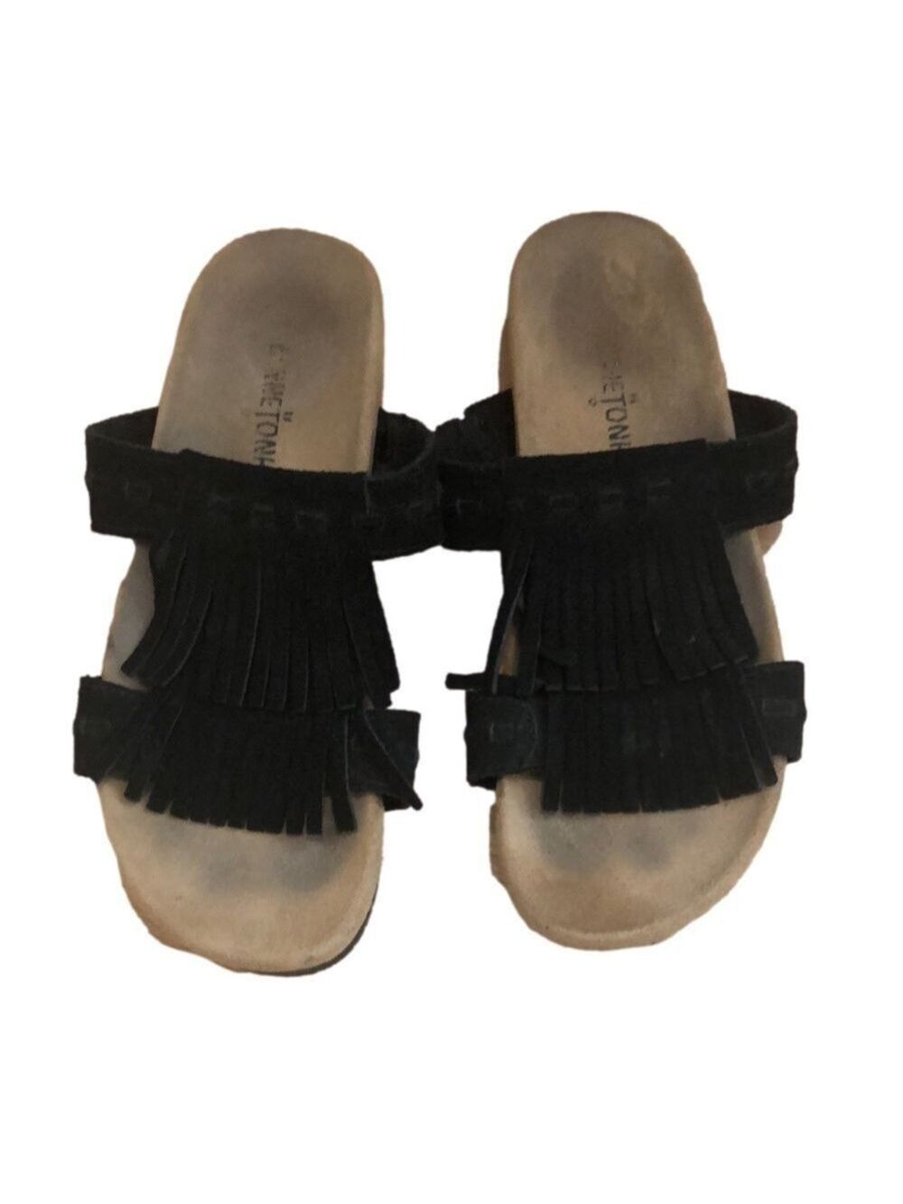 MINNETONKA sueded leather slide sandals two layer fringe black. Size 7